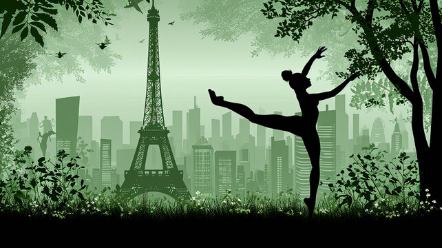 A woman is dancing in a park with the Eiffel Tower in the background. The image has a peaceful and serene mood, with the woman's graceful movements and the beautiful cityscape in the background