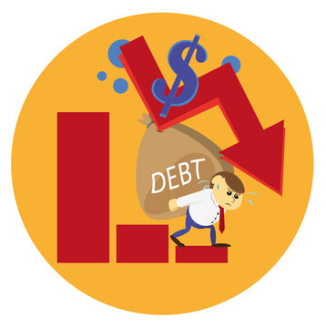 Vector e ilustraci&oacute;n de icono de deuda con estilo caricatura. Hombre de negocios con bols&oacute;n de deudas  descendiendo en la escala grafica de ganancias.  