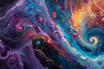 Abstract microscopic universe, super macro cosmic bodies, swirling galaxies, vivid colors