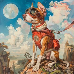 Adventurous dog, cool and collected, traversing a world where fantasy and fashion collide