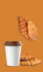 Levitating food. fresh croissants and coffee cup