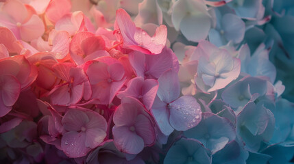 Captured under cinematic lighting, pink and light blue hydrangeas bloom in a mesmerizing floral display. Cinematic, lighting, pink, light, blue. AI generative