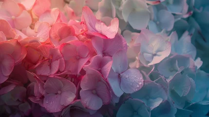 Fotobehang Captured under cinematic lighting, pink and light blue hydrangeas bloom in a mesmerizing floral display. Cinematic, lighting, pink, light, blue. AI generative © tope007
