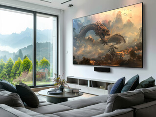 Elegant lounge design adorned with massive TV displaying mythical dragon, panoramic view
