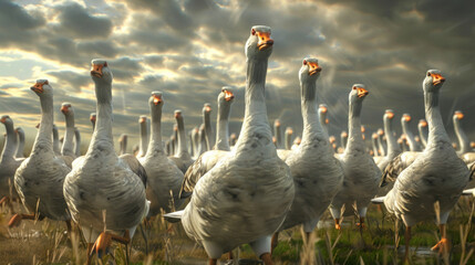 A flock of geese are walking in a field - obrazy, fototapety, plakaty