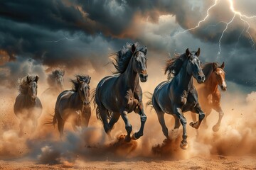 Horses running during a dramatic storm with lightning - obrazy, fototapety, plakaty