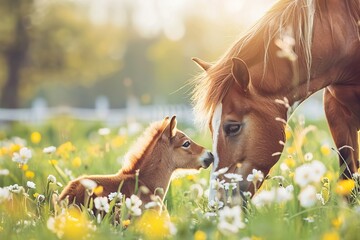 A baby horse is nuzzling its mother's nose
