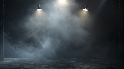 A dark room with two lights and a lot of smoke