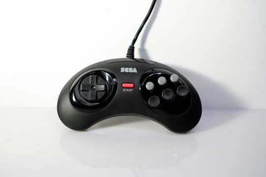 Newcastle UK: 21st Jan 2024: A closeup of a Sega Mega Drive 6 button joypad. Retro gaming. Megadrive