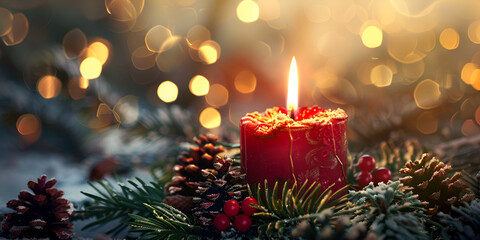 Christmas Card With A Lighted Candle And Cones During Snowfall Background