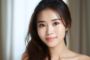 Naklejka premium Closeup Beautiful smiling asian young woman with smooth healthy skin isolated on white background
