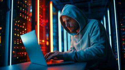 Mysterious hooded figure working on laptop in server room - obrazy, fototapety, plakaty