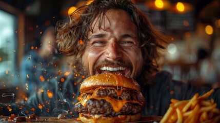 Man Enjoying a Giant Juicy Burger