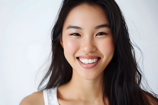 Closeup Beautiful smiling asian young woman with smooth healthy skin isolated on white background
