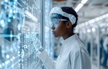 African-american woman using futuristic interface with vr headset