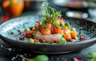 Artistic plating of scallops with melon and microgreens on a dark plate