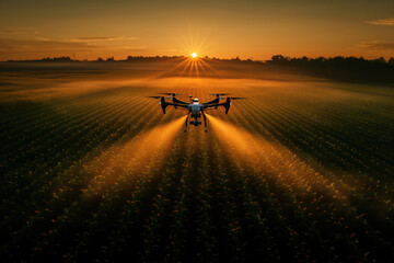 Drone flying over crops, spraying fertilizer during a stunning sunrise - obrazy, fototapety, plakaty