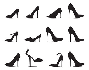 Set of black high heel shoes silhouettes isolated on white background. - obrazy, fototapety, plakaty