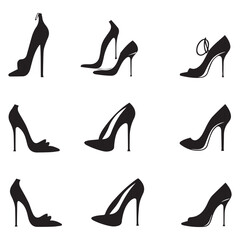 Set of black high heel shoes silhouettes isolated on white background.