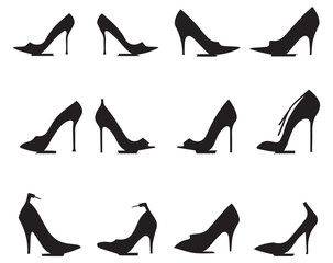 Set of black high heel shoes silhouettes isolated on white background.