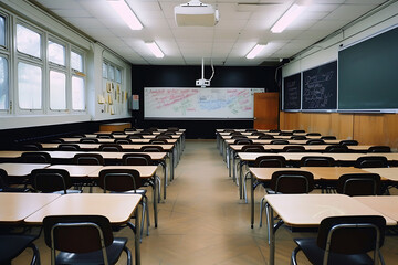 An empty classroom with neat rows of desks and chairs, chalkboard, and natural light filtering through the windows. Generative AI
