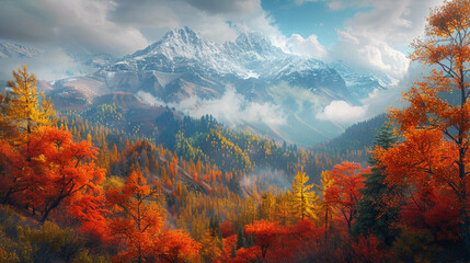 A beautiful autumn landscape with mountains in the background