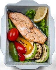 red fish steak and grilled vegetables