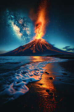 active erupting volcano on sea coast against background of starry night sky