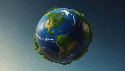 Planet Earth with lush greenery against a clear blue sky backdrop