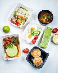 set of healthy food on a white background in boxes