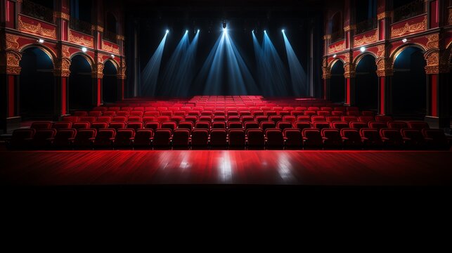 a stage with red seats and lights