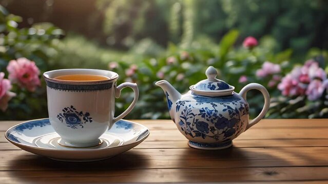 Teapot and mug with tea on nature background