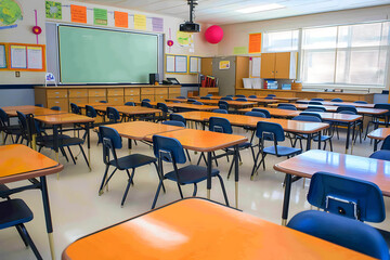 An empty classroom with neat rows of desks and chairs, chalkboard, and natural light filtering through the windows. Generative AI

