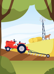 Fototapeta premium Agriculture and farming vector illustration, cartoon red tractor with plow on rural hills, farm machinery on field