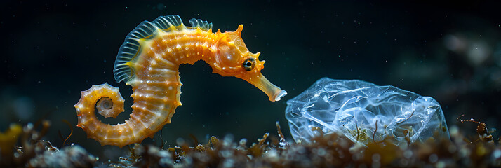 A seahorse, fish, and a plastic bag in the ocean,
Close up of sea horse on blue background - obrazy, fototapety, plakaty