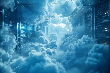 A close-up visual exploration of cloud computing technology, featuring the intricate details of cloud infrastructure in a hybrid environment. - obrazy, fototapety, plakaty