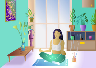 Obraz na płótnie Canvas young meditative girl or woman sit on the flore in the yoga lotus position and relaxing. Girl sit in the flat near big window. Much flowers in the room. Incense smoke fly in air. 