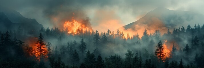 Catastrophic wildfire rages through the forest, engulfing trees in dangerous flames and billowing smoke. - obrazy, fototapety, plakaty