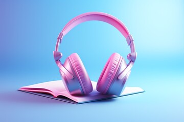 a pink headphones on a book