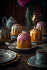 Fototapeta premium Easter cake with icing and pastry sprinkles. Serving festive table for Easter brunch. Russian easter kulich with sugar glaze. Traditional orthodox pastry. Panettone. Easter table setting decor concept