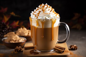 a glass cup of coffee with whipped cream and caramel sauce