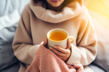 a woman holding a cup of tea