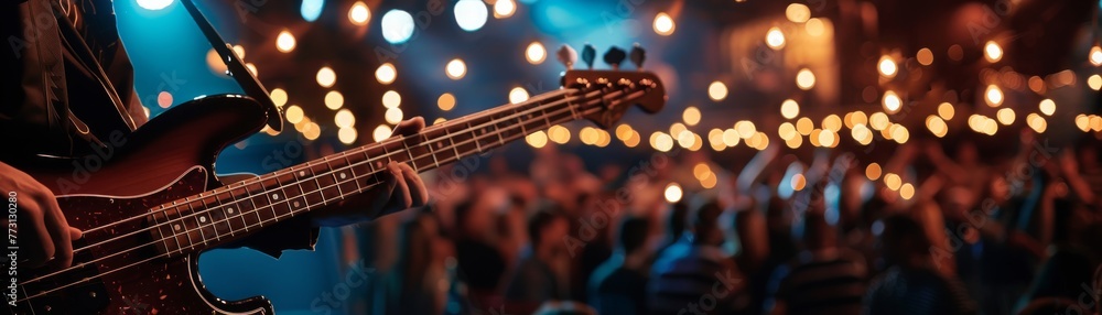 Wall mural Vivid stock image showcases bass guitar in focus, fingers strumming strings, spotlighting the backbone of a rock band.