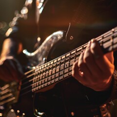 Fototapeta premium Dynamic stock image capturing the essence of a rock band's rhythm section, featuring a close-up of a bass guitar with fingers in motion, commanding the spotlight.
