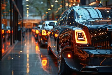 Luxury car dealership: Premium black limousines in showcase