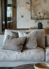 Close up of grey sofa against stucco wall. Art deco home interior design of modern living room. Contemporary design.
