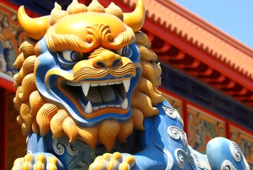 Papier Peint photo autocollant Pékin a blue and yellow statue of a lion