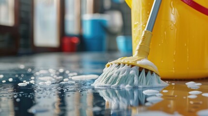 Cleaning concept. A man in yellow gloves with detergents is cleaning the house. Background for advertising Cleaning products, cleaning services, home care.