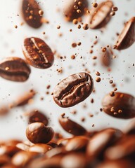 Fototapeta premium Closeup of a Flying whirl roasted coffee beans in the air, photorealistic texture, natural daylight, white background ,super realistic,clean sharp focus