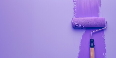 Fresh purple paint on wall with roller